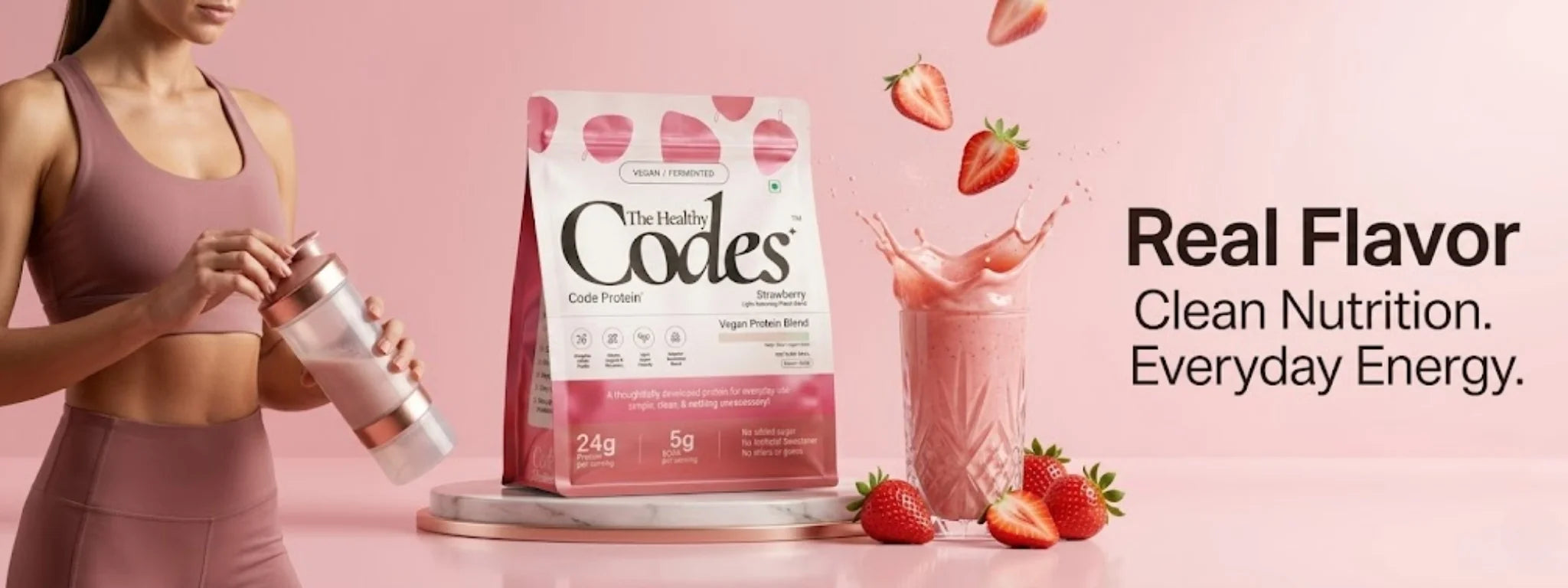 The Healthy Codes | Code Protein Strawberry | Vegan Fermented Protein Blend | Clean Daily Wellness Protein