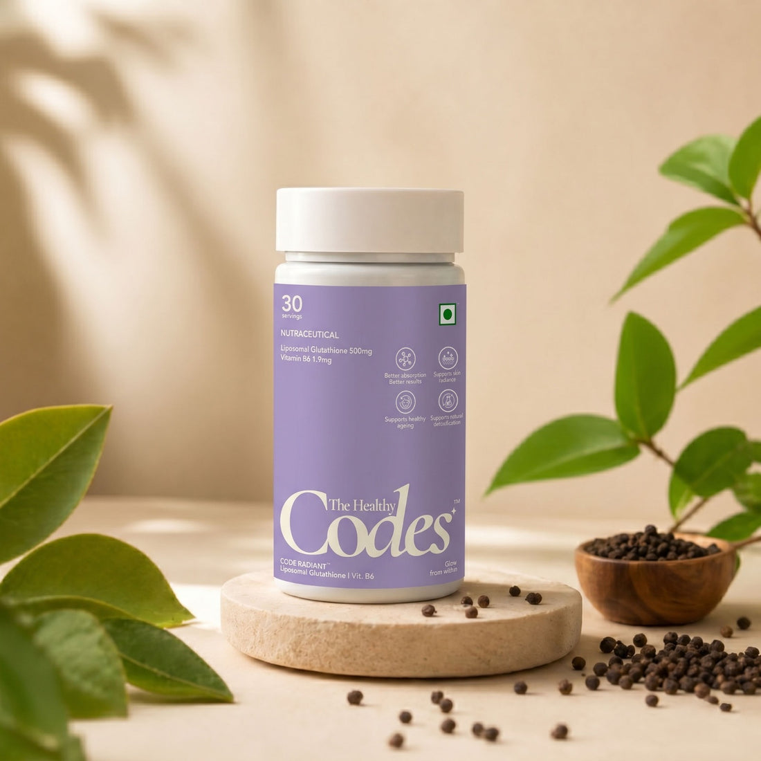 The Healthy Codes | Code Radiant | Liposomal Glutathione 500mg | Glutathione Supplement & Antioxidant Support