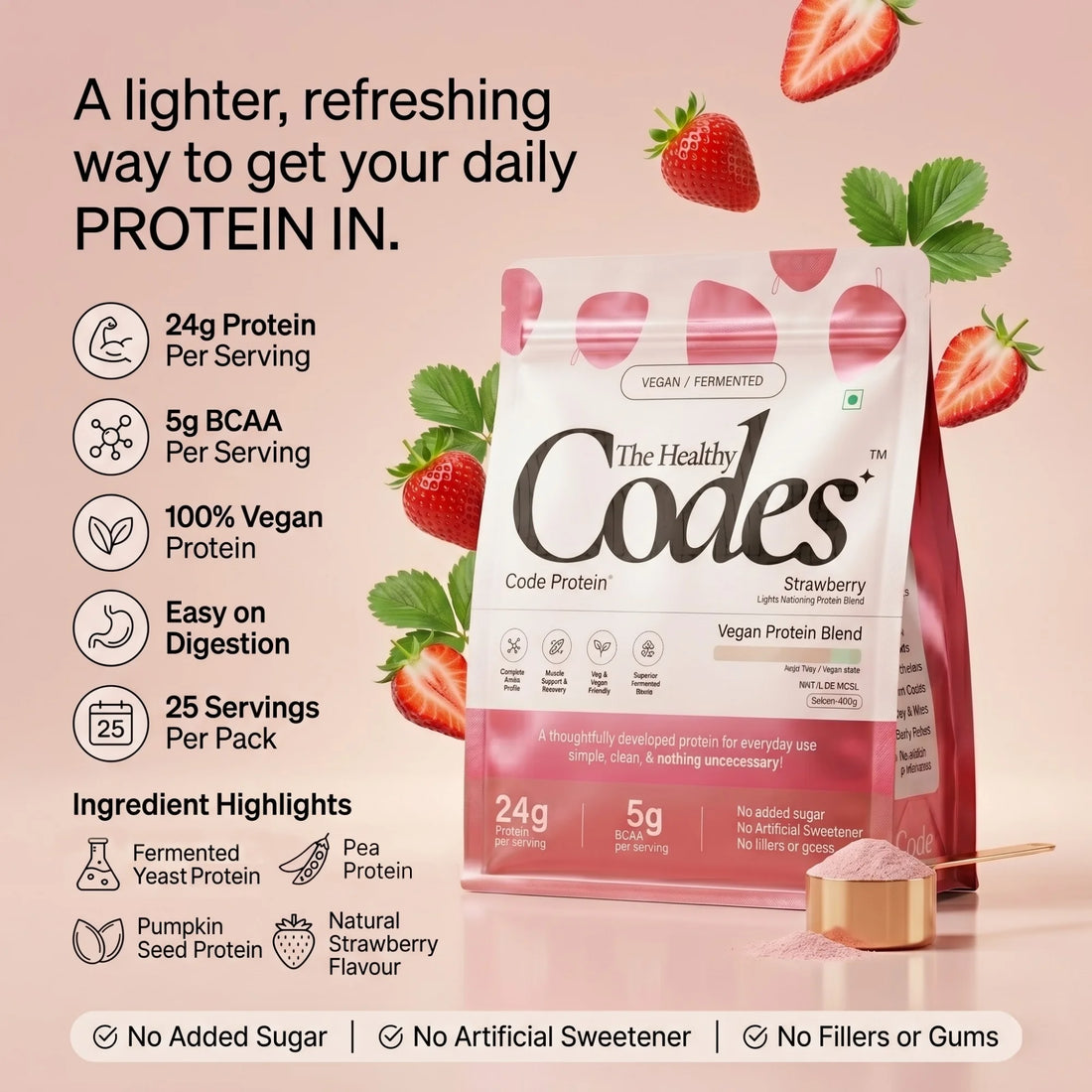 The Healthy Codes | Code Protein Strawberry | Vegan Fermented Protein Blend | Clean Daily Wellness Protein